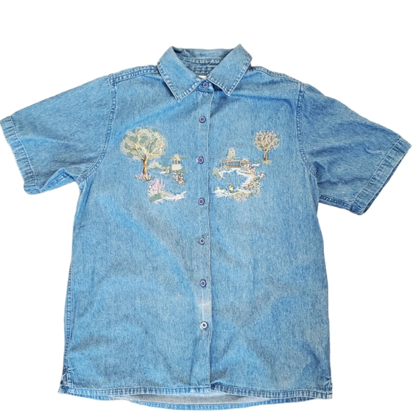 Vintage Tops - Vintage 90's embroidered denim shirt